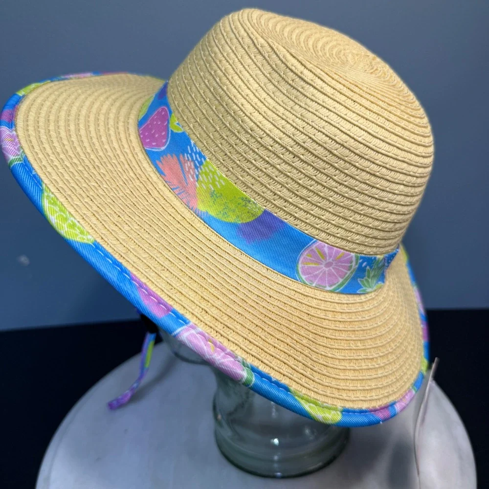 Tommy Bahama Kids Straw Sun Hat Tropical Fruit Print Wide Brim Adjustable Strap